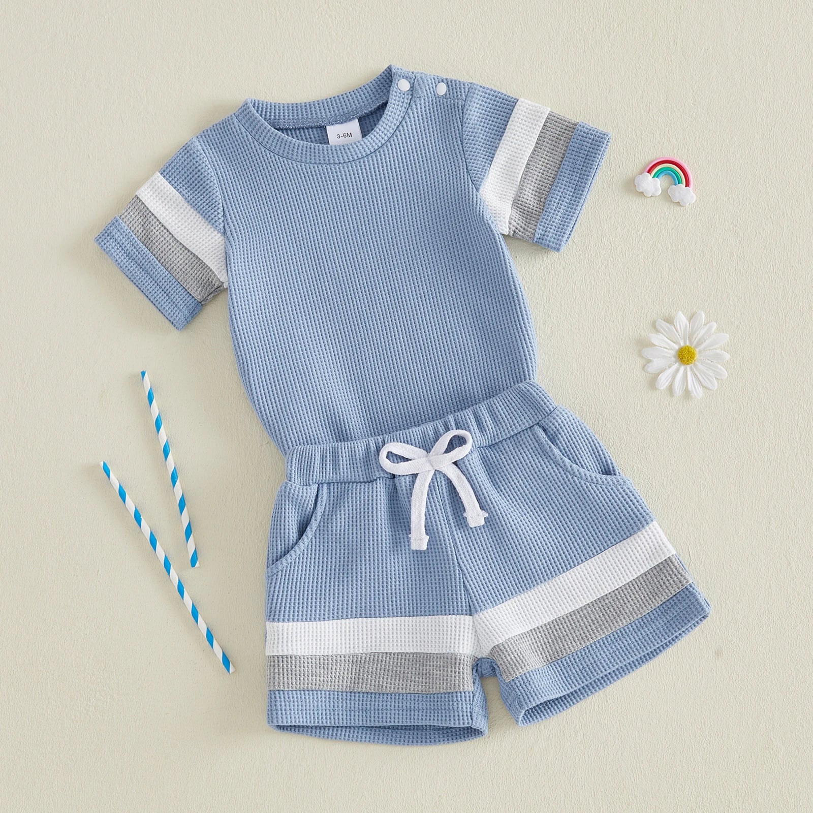 Lioraitiin Baby Boys Sets Fashionable Stripe Trim Short Sleeve Romper