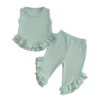 Lioraitiin Toddler Girl Outfits Solid Waffle Round Neck Ruffled Tank