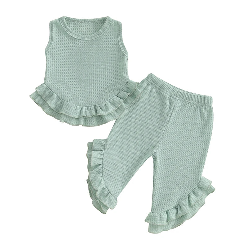 Lioraitiin Toddler Girl Outfits Solid Waffle Round Neck Ruffled Tank
