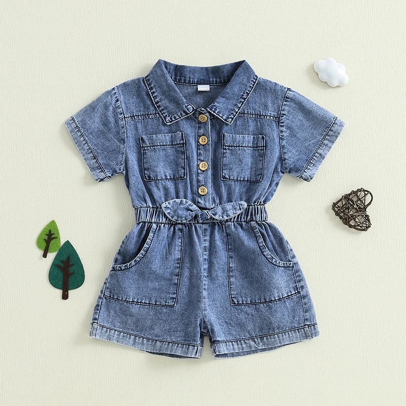 Toddler Girls Denim Overalls Shorts Short Sleeves Turn Down Collar