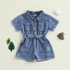 Toddler Girls Denim Overalls Shorts Short Sleeves Turn Down Collar