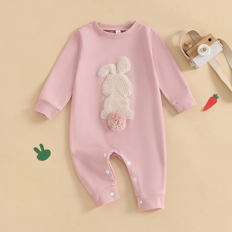 Lioraitiin Baby Girls Boys Easter Rompers Plush Bunny Embroidery Fur
