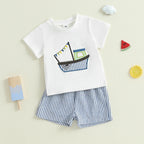 Lioraitiin Toddler Baby Boy Shorts Set Boat Embroidery Short Sleeve