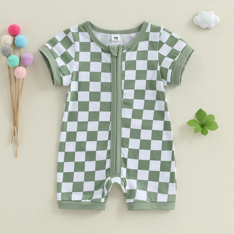 Lioraitiin Baby Boys Romper Checkerboard Print Short Sleeve Round