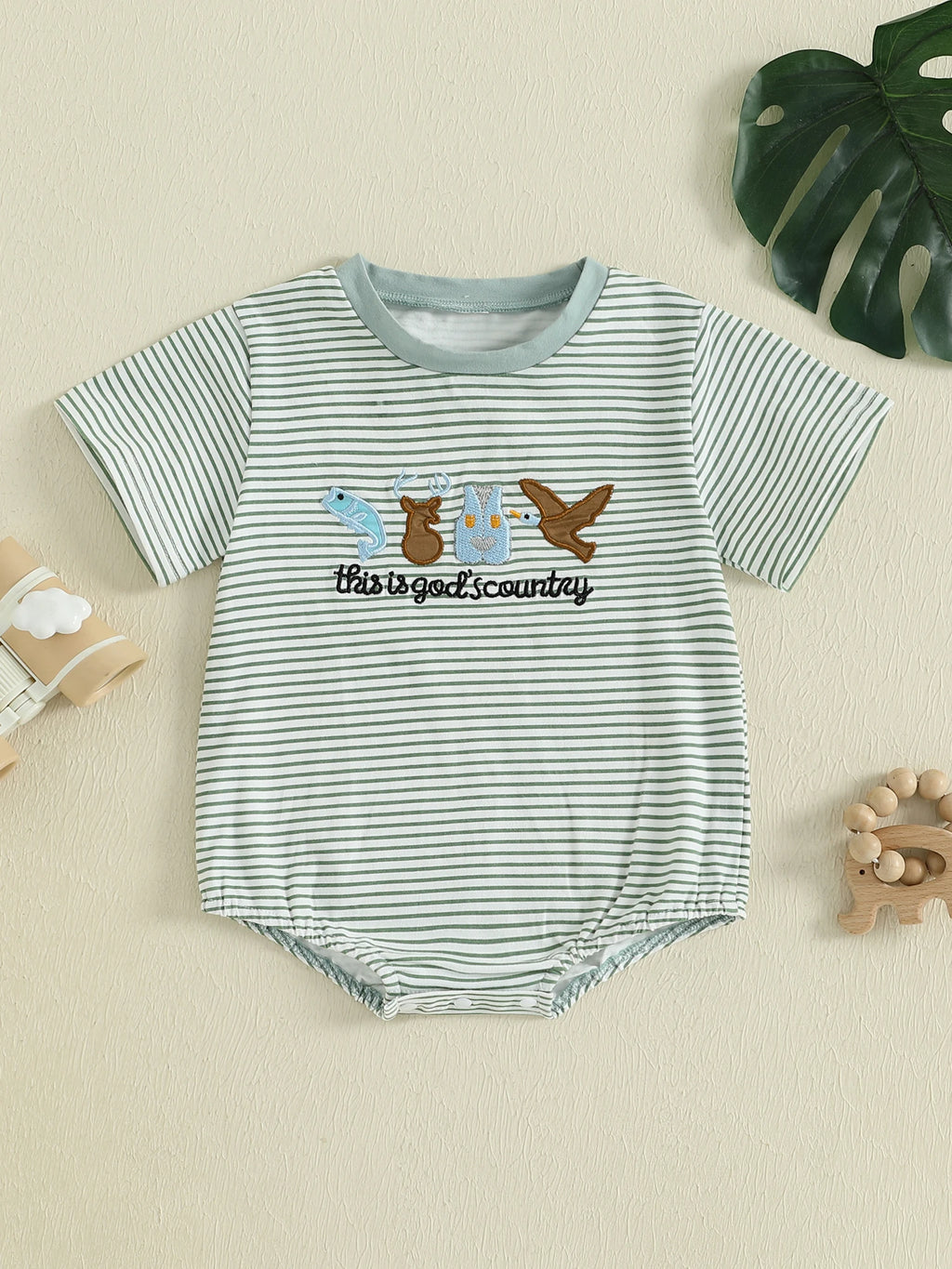Lioraitiin Baby Boys Rompers Letter Animals Embroidery Stripe O-Neck