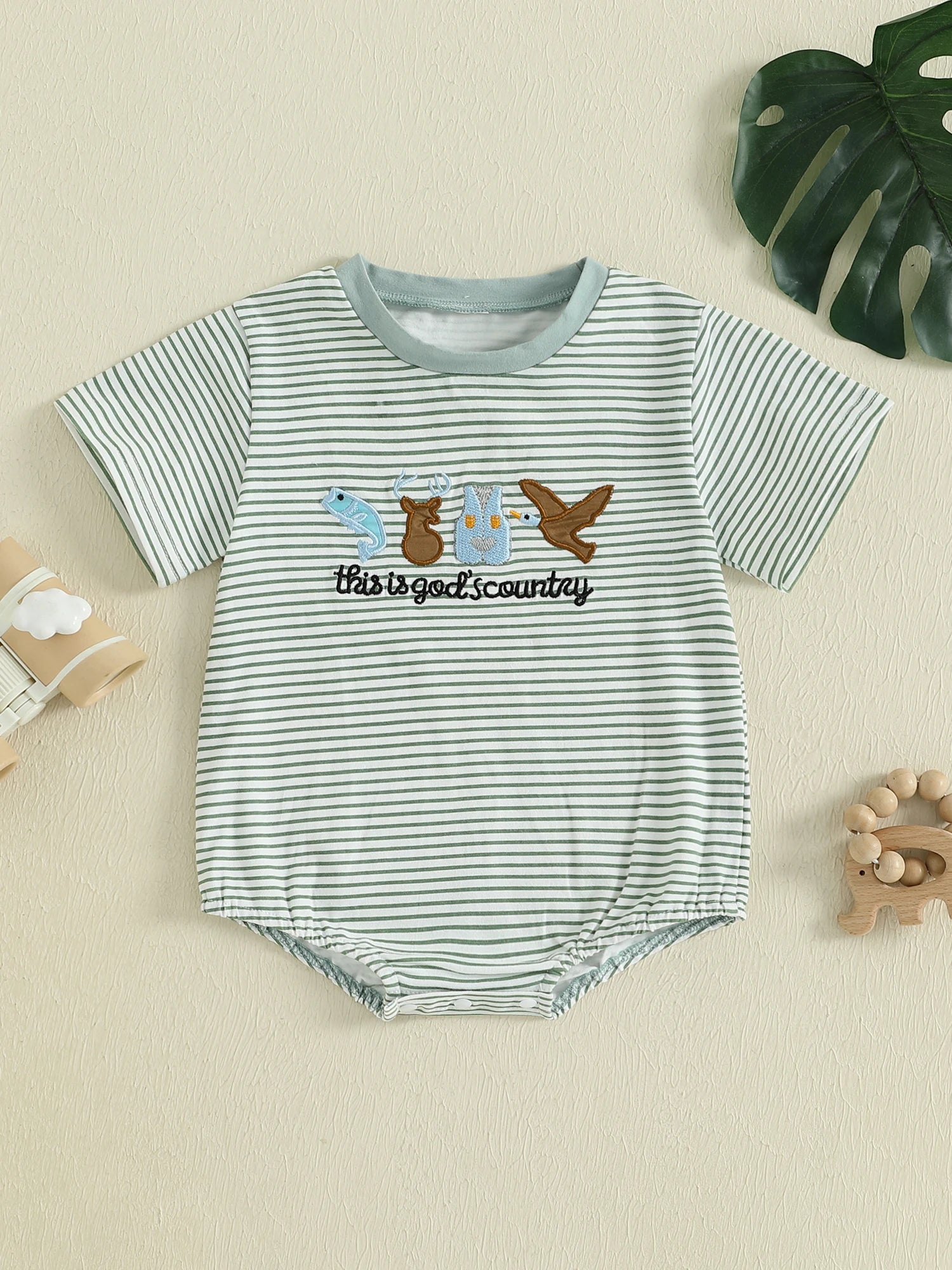 Lioraitiin Baby Boys Rompers Letter Animals Embroidery Stripe O-Neck