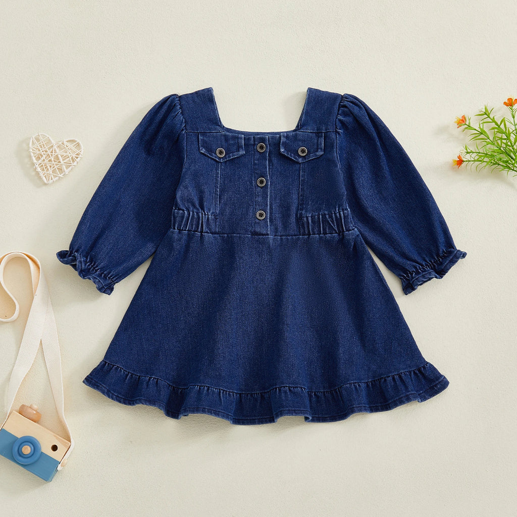Lioraitiin Toddler Baby Girl Denim Dress Long Puff Sleeve Button Down