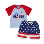 Lioraitiin Baby Boys Patriotic Outfits Tractor Embroidery Short