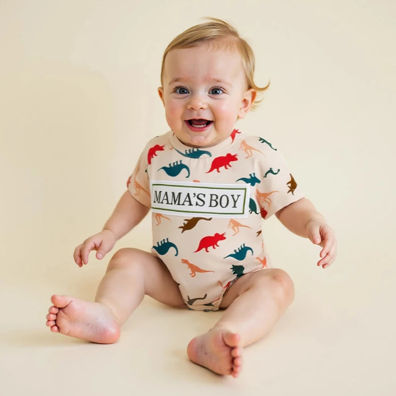 Lioraitiin Baby Boy Dinosaur Romper Letter Embroidery Short Sleeve