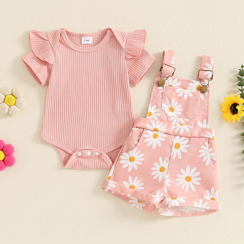 Lioraitiin Baby Girls Shorts Set, Short Sleeve Romper with Flower