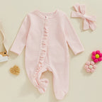 Lioraitiin Baby Girls Footies Rompers Stripe Print Round Neck Ruffles
