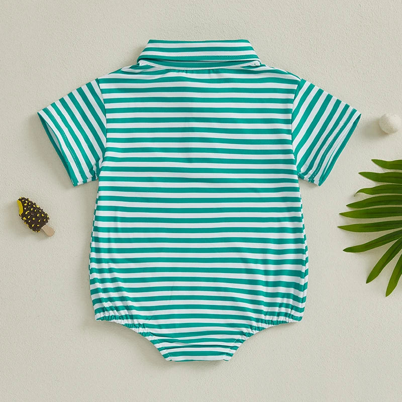 Lioraitiin Baby Boy Romper Short Sleeve Lapel Collar Stripes Print