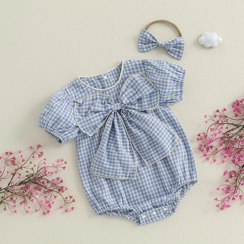 Lioraitiin Baby Girls Sweet Romper Short Sleeve Round Neck Plaid