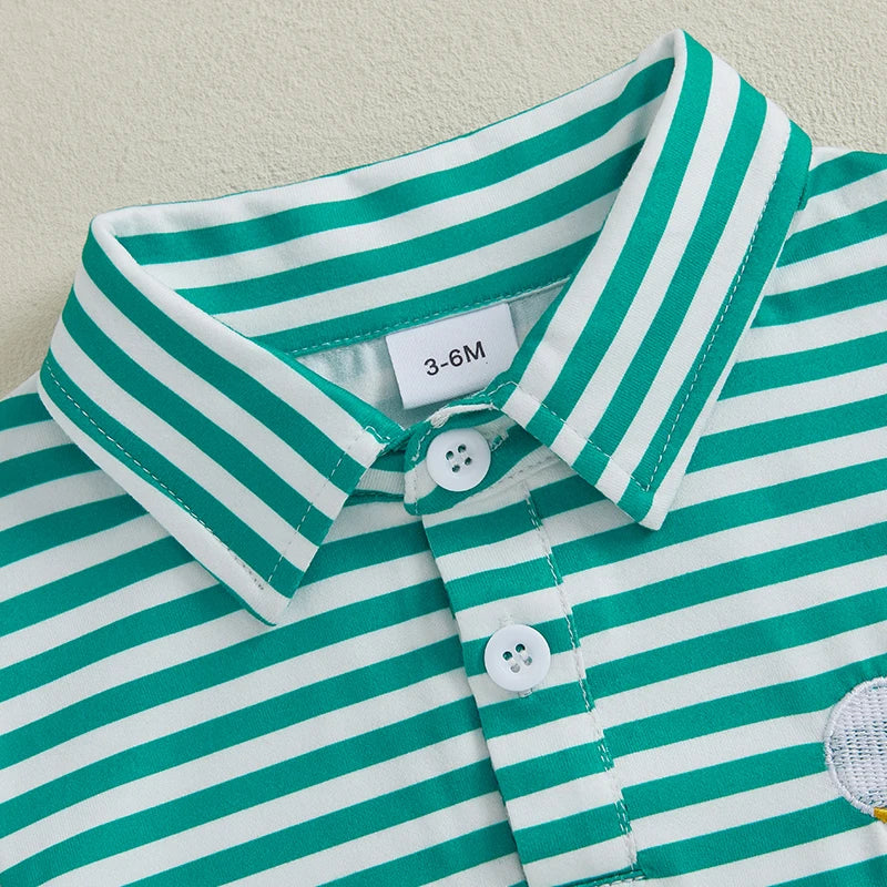 Lioraitiin Baby Boy Romper Short Sleeve Lapel Collar Stripes Print