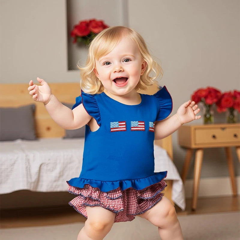 Lioraitiin Baby Girls Independence Day Shorts Sets Short Sleeve Flag