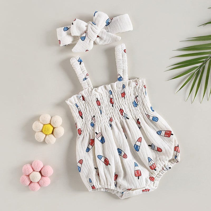 Lioraitiin 0-18M Independence Day Baby Girl Jumpsuit Set Ice Cream