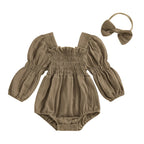 Lioraitiin Baby Girls Romper Long Sleeve Square Neck Solid Color