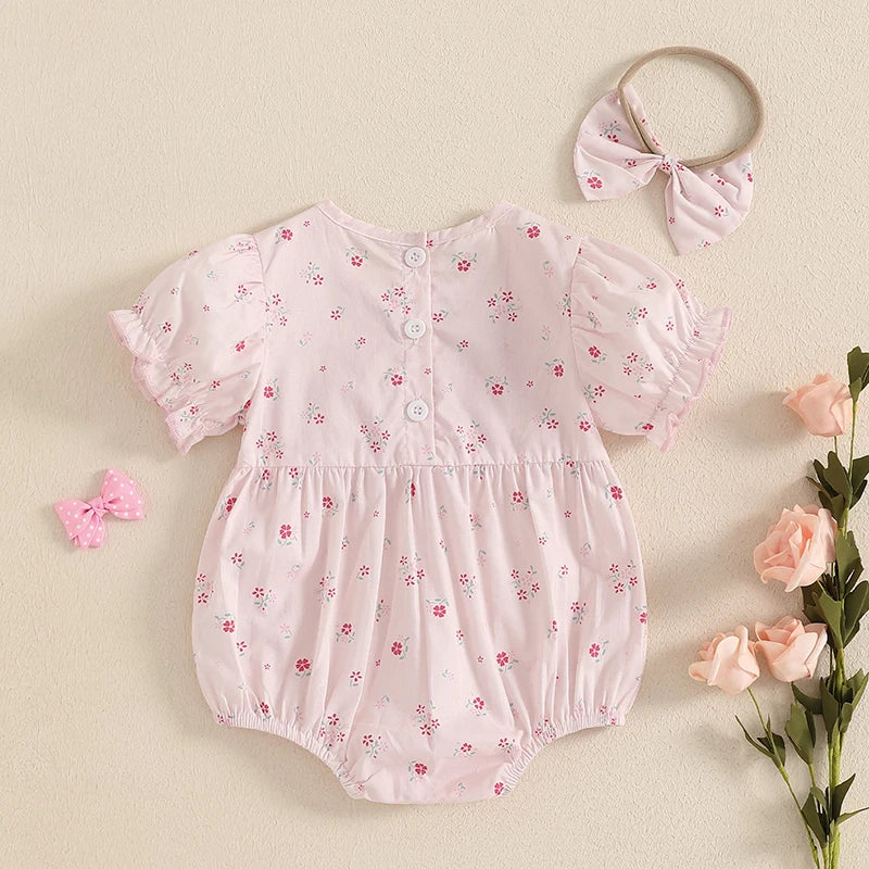 Lioraitiin Baby Girl Outfits Floral Pattern Smocked Crew Neck Short