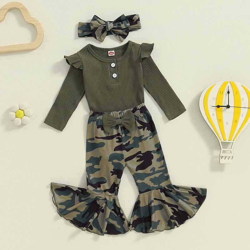Lioraitiin Baby Girl 3 Piece Outfit, Long Sleeve Ribbed Solid Color