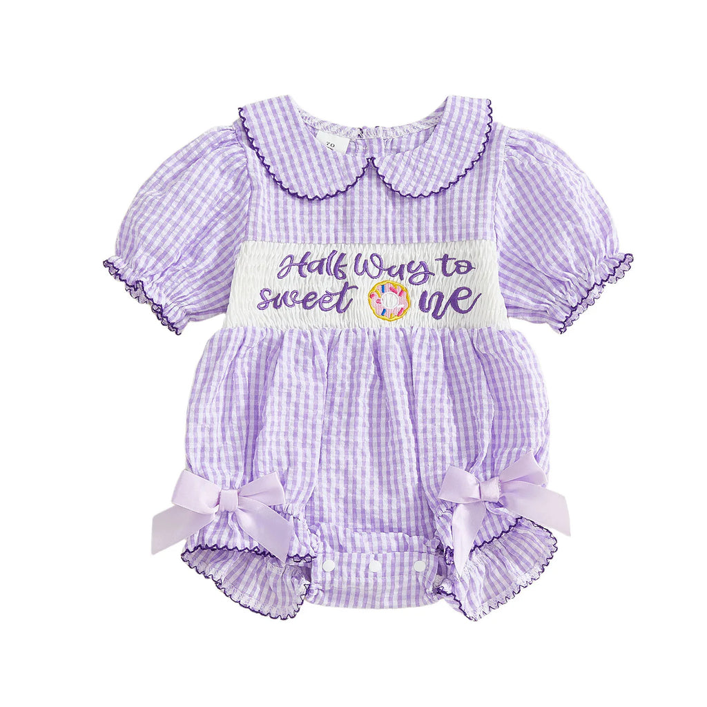 Lioraitiin Baby Girls Birthday Romper Plaid Print Letter Donut