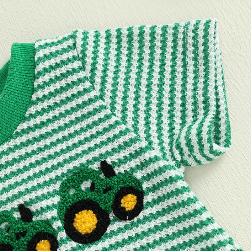 Lioraitiin Baby Girls Boys Rompers Waffle Truck Embroidery Stripe