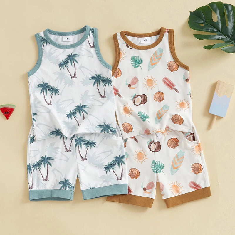 Lioraitiin Toddler Baby Boy Shorts Set Seashell/Tree Tank Tops