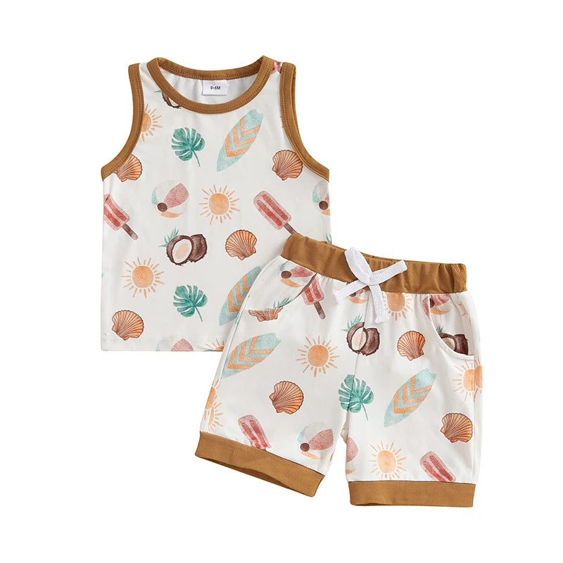 Lioraitiin Toddler Baby Boy Shorts Set Seashell/Tree Tank Tops