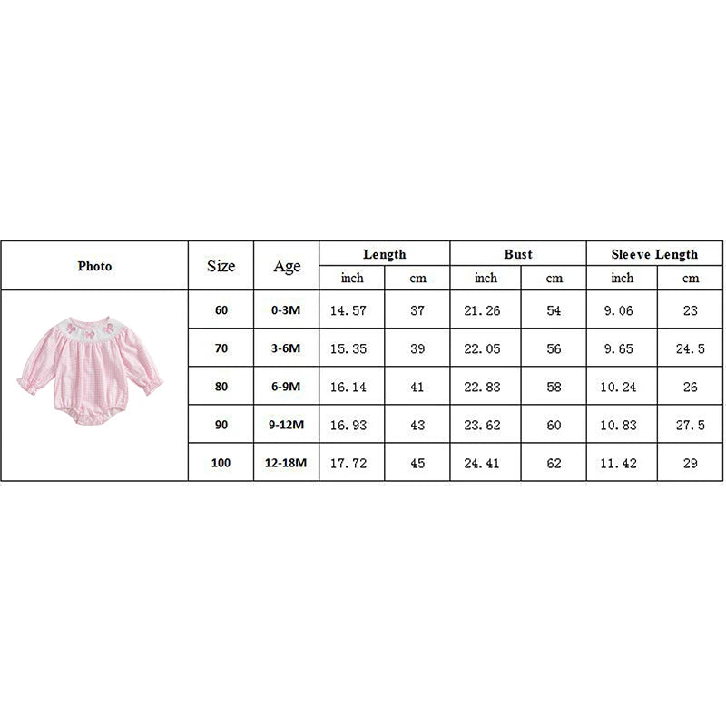 Newborn Baby Girls Cute Romper Bow Embroidery Plaid Long Sleeve