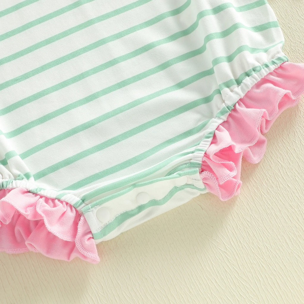 Lioraitiin Baby Girl Striped Romper Ruffle Trim Short Sleeve Crewneck