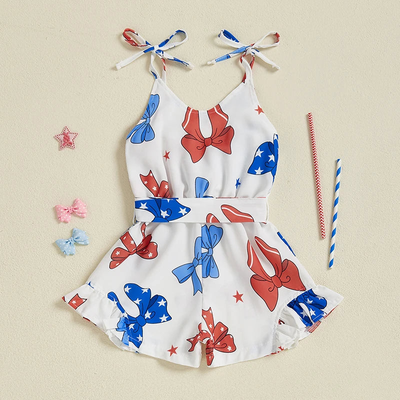 Lioraitiin Kid Girl 4th of July Overalls Shorts Bow/Popsicle Print