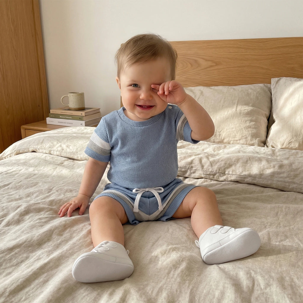 Lioraitiin Baby Boys Sets Fashionable Stripe Trim Short Sleeve Romper