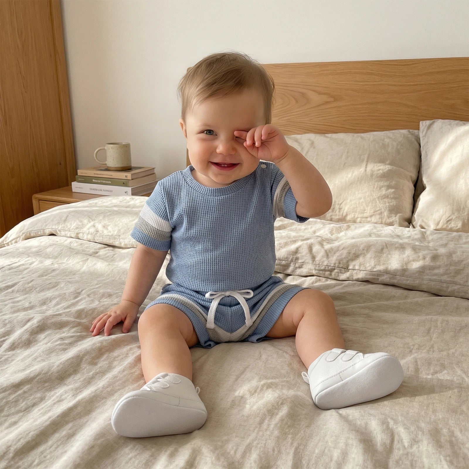 Lioraitiin Baby Boys Sets Fashionable Stripe Trim Short Sleeve Romper