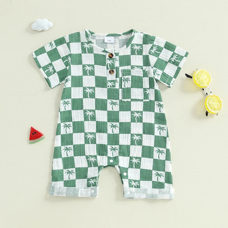 Lioraitiin Newborn Baby Boy Romper Short Sleeve Round Neck Checkered