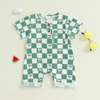 Lioraitiin Newborn Baby Boy Romper Short Sleeve Round Neck Checkered