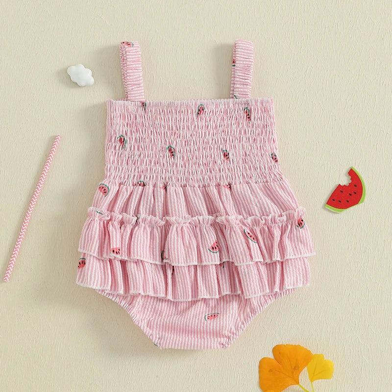 Baby Girl Romper Loose Fit Bow Design Watermelon Print Striped