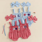 Lioraitiin Baby Girl July 4th Outfit Plaid Letter Embroidery Shirred