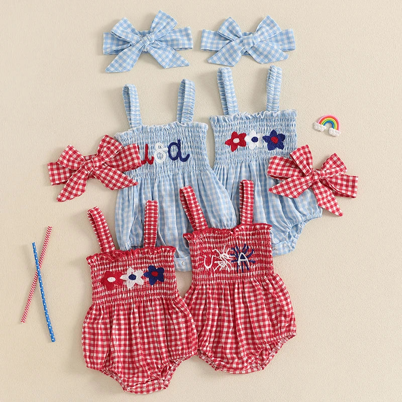Lioraitiin Baby Girl July 4th Outfit Plaid Letter Embroidery Shirred