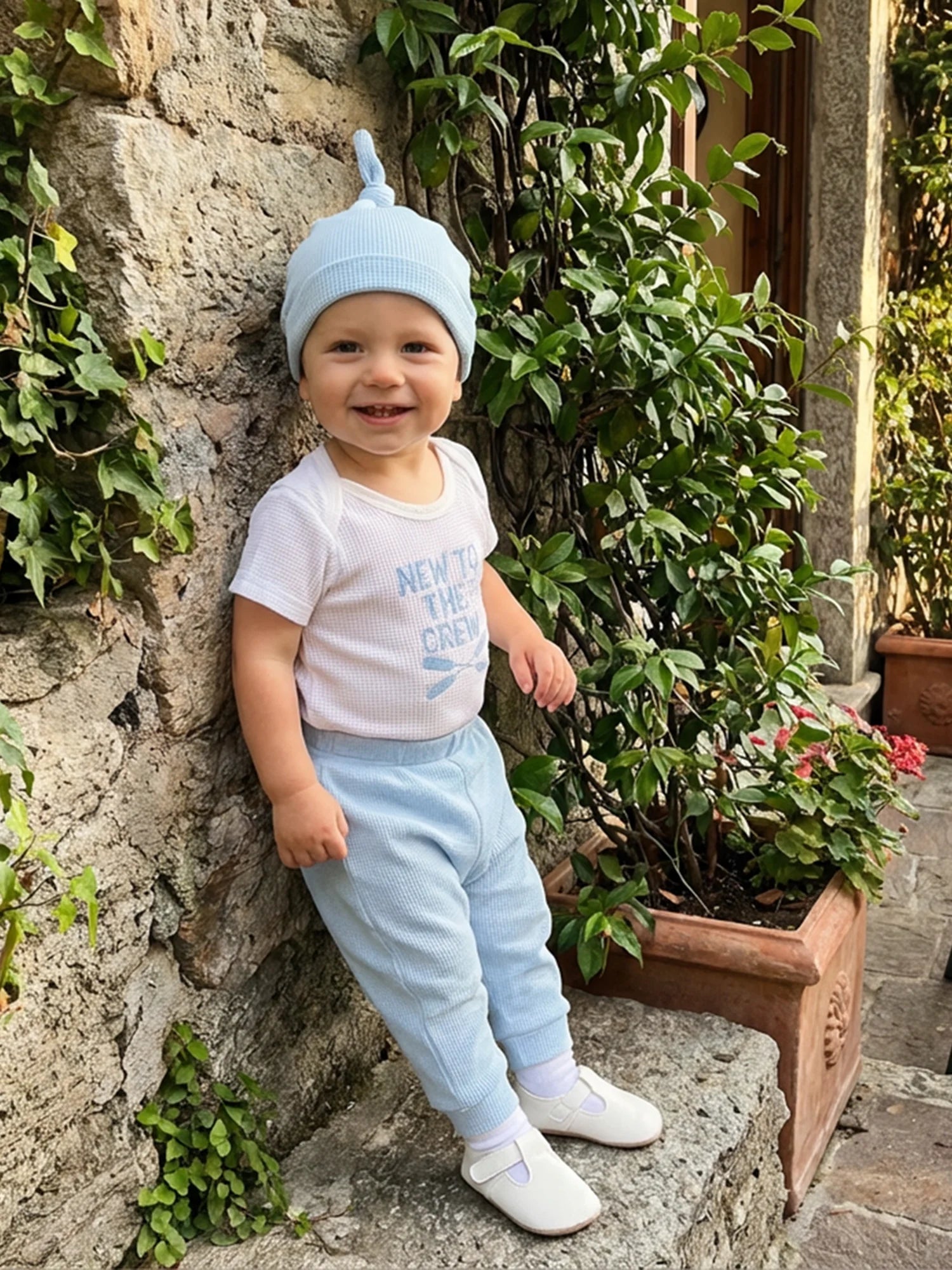 Baby Boys Outfits Letter Embroidery Round Neck Short Sleeve Waffle