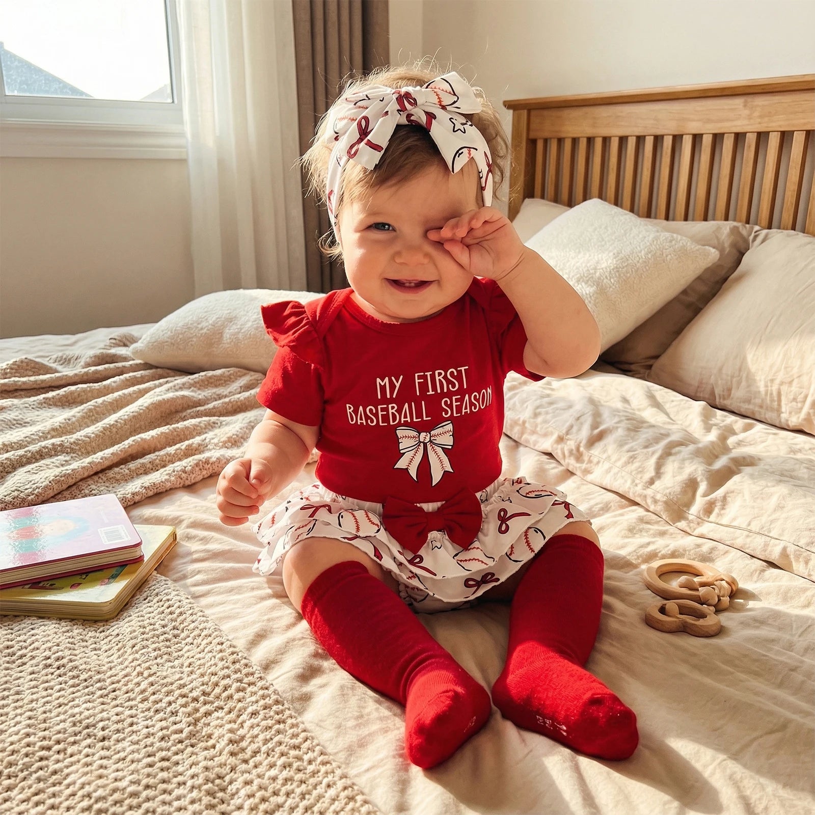 Lioraitiin Baby Girl Outfits Letter Bow Print O-Neck Short Sleeve
