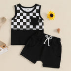 Lioraitiin Toddler Boys Outfits Checkerboard Patchwork Round Neck