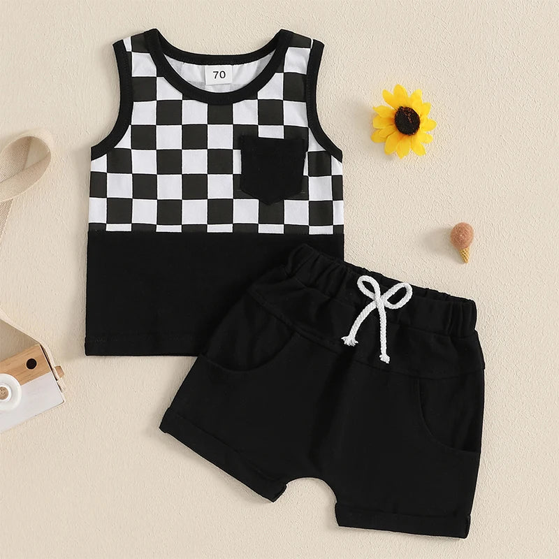 Lioraitiin Toddler Boys Outfits Checkerboard Patchwork Round Neck