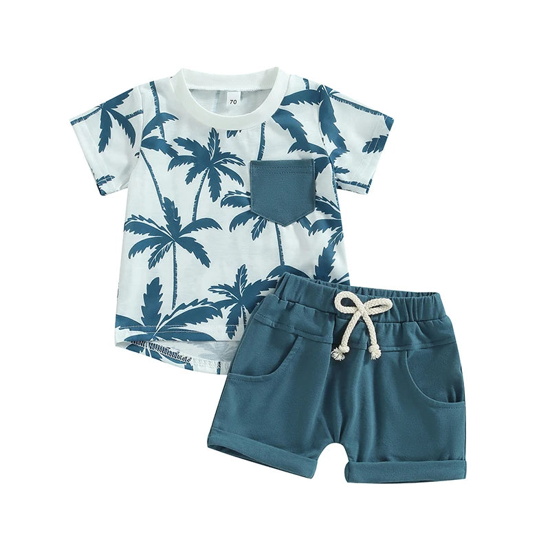 Lioraitiin 0-3Years Toddler Baby Boy 2Pcs Beach Tree Print Short