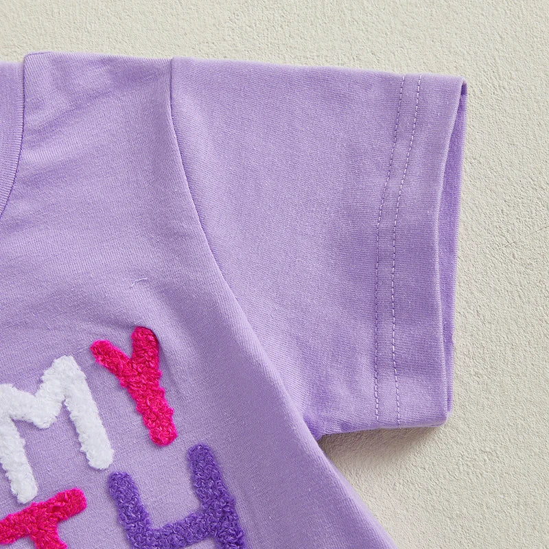Toddler Girl Birthday Outfit Letter Embroidery Short Sleeve Crew Neck