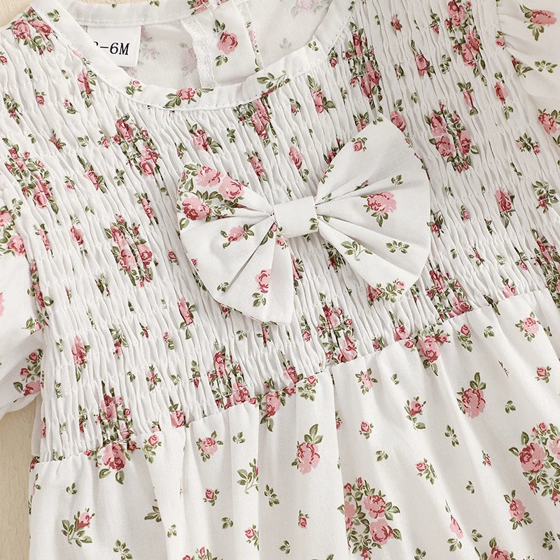 Lioraitiin Baby Girl Outfits Floral Pattern Smocked Crew Neck Short