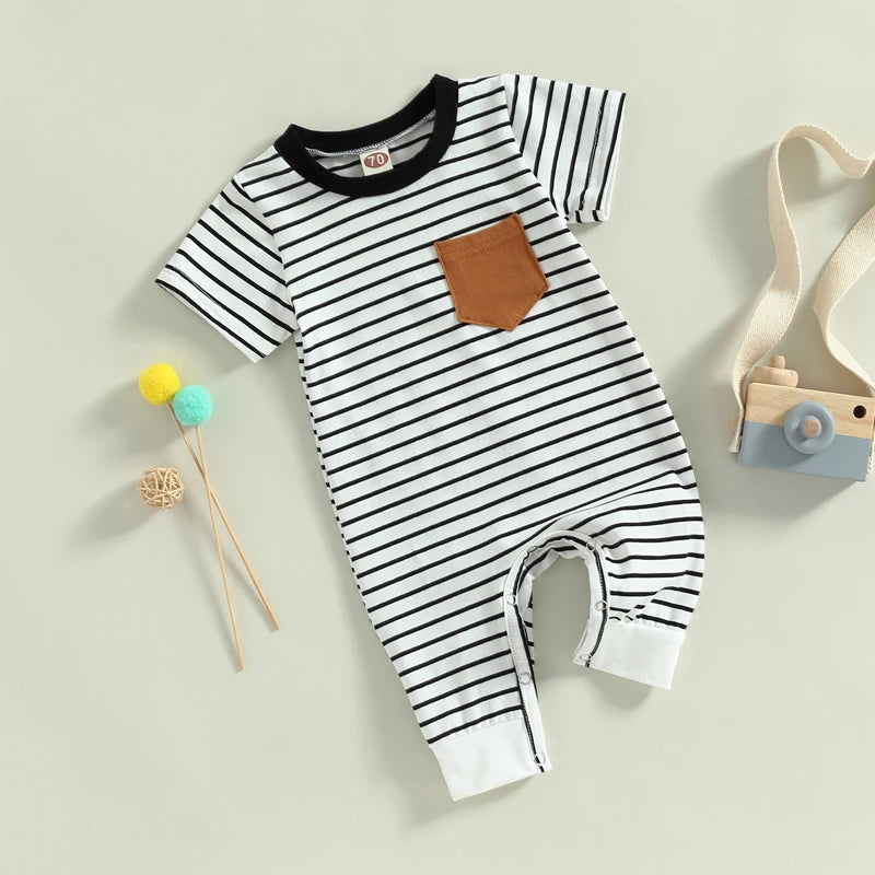 Lioraitiin 0-18M Newborn Baby Boys Jumpsuit Round Neck Contrast Color