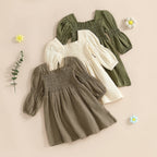 Lioraitiin Toddler Girl Bubble Sleeve Dress Stylish Solid Smocked