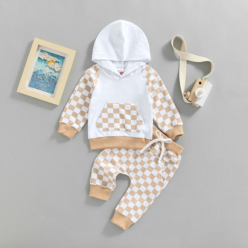 Lioraitiin 0-4Years Girl Boy Outfit 2Pcs Set Plaid Long Sleeve Hoodie