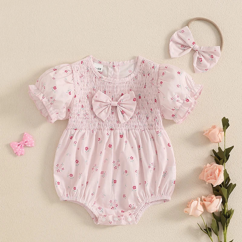 Lioraitiin Baby Girl Outfits Floral Pattern Smocked Crew Neck Short