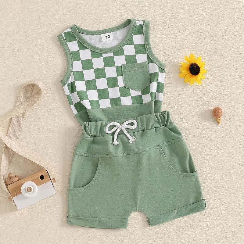 Lioraitiin Toddler Boys Outfits Checkerboard Patchwork Round Neck