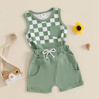 Lioraitiin Toddler Boys Outfits Checkerboard Patchwork Round Neck